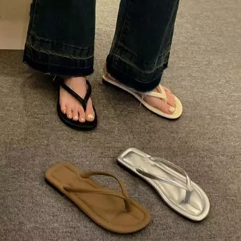 fashion RUANDAI Summer 2024 Trend Flip Flops Casual Beach Flat Sandals Korean Fashion Outdoor Slip on Slippers Solid Simple Beach Shoes 35 чёрный