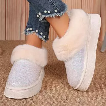 fashion Shining Sequins Winter Boots for Women 2024 Thickened Warm Platform Snow Boots Woman Comfortable Non Slip Cotton Padded Shoes 42 чёрный