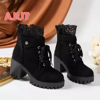 Fashion Shoes for Women 2024 Autumn New Hollow Lace Design Women s Ankle Boots Fashionable Warm Winter Thick Heel Shoes Botas De Mujer 36 чёрный
