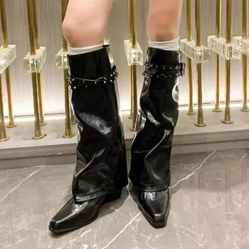 Fashion Shoes for Women 2024 Fashion Sleeve Women s Boots Winter Square Toe Warm Solid Sexy Dress High Tube Block Heels Boots Zapatos 35 чёрный