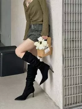 Fashion Shoes for Women Elegant Heeled Footwear Long New Rock High Heels Winter Knee Shaft Ladies Boots Pointed Toe Sale 2024 Novelty Pu 35