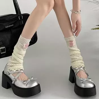 Fashion Silver High Heels Platform Pumps Women 2024 Autumn Bowknot Cross Strap Mary Jane Shoes for Woman PU Leather Thick Heel JK Shoes 35 серебряный