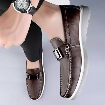 Fashion Slip on Soft Loafers Non Slip Breathable Driving Flats All-match Walking Office Business Shoes Genuine Leather Mens Casual Shoes 38 коричневый