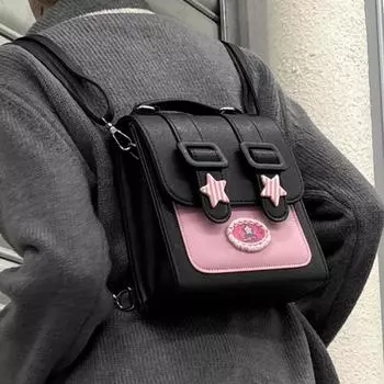 Модный маленький женский рюкзак Y2k, оригинальный рюкзак Harajuku из искусственной кожи, контрастный цвет, повседневная уличная милая крутая женская сумка чёрный