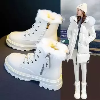 Fashion Snow Boots Plush Warm Medium Boots Women s Black and White Winter Thickened Warm Snow Flat Shoes Zapatos Mujer 2024 36