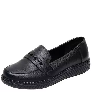 Fashion Spring Soft Soled Mother Black Single Shoes Leather Non-slip Casual Comfortable Genuine Ladies Flat Shoes Ladies Shoes 35 чёрный