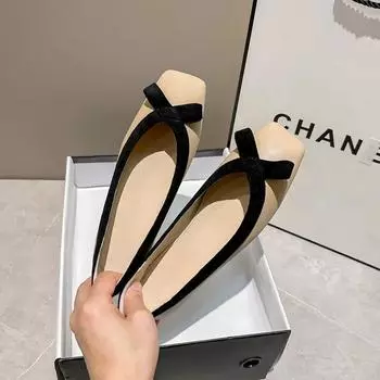 Fashion Square Head Single Shoes Women Spring Summer New Soft Bottom Ballet Shallow Mouth Bow Flat Plus Size 33 34-43 Lolita Shoes 34 бежевый