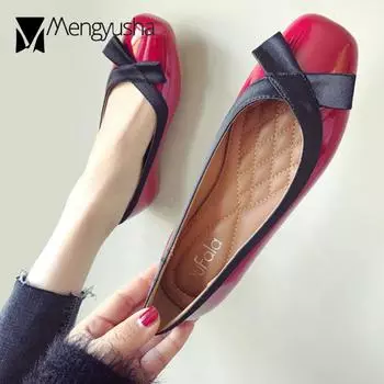 Fashion square toe patent leather red princess shoes trendy bow-knot shallow ballet flats shoes woman anti-skid soft cow muscle loafers 5 красный