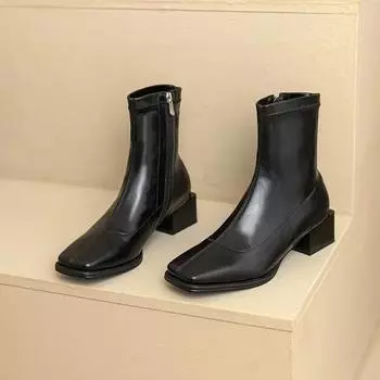 Fashion Square Toe Women Ankle Boots Flock Stretch Shoes Thin Mid Heels Black/Brown/Beige Back Zipper Dress Sock Boots Woman Size 34-40 34 коричневый