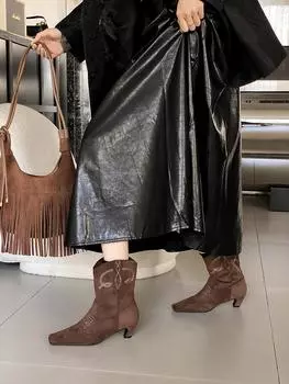 fashion Square Toe Women Ankle Boots Flock Design Black Brown Chelsea Bootie Thick Mid Heels Black Beige Brown Slip On Winter Boots 39 225 бежевый