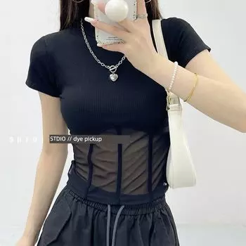 Fashion Style Sexy Patchwork Mesh Tops Summer Silm Cropped T-shirt Pure Desire Sexy Short Sleeve Women s Clothing Black S