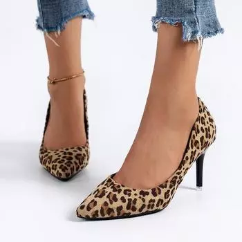 Fashion Suede Leopard Print High-heeled Shoes 2024 New European American Shallow Mouth Simple Pointed Thin Follow-up Shoes Zapatos Mujer 35 леопардовый