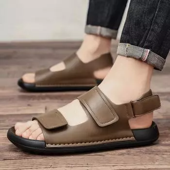 Fashion Summer Luxury Leather Sandals for Men High Quality Mules Slippers Clogs Slippers Classic Buckle Cork Slides Slippers for Men 38 чёрный