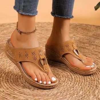Fashion Summer New Flip-flop Wedge Metal Buckle Sandals with Hollowed-out Toe Breathable Large Size Shoe Drag Woman 36 вино красного
