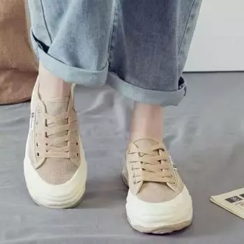 fashion Summer New Korean Version Breathable Canvas Shoes Casual Mesh Women Shoes Fashion All-match Shallow Sneakers Platform Shoes 35 хаки