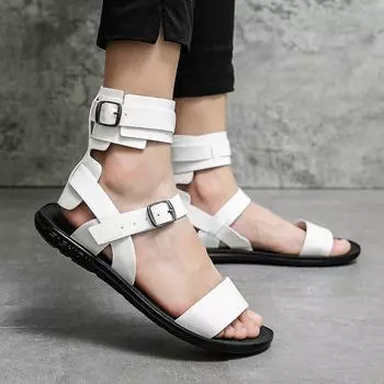 Fashion Summer New Men Gladiators High Tops Belt Leather Casual Shoes Breathable Beach Sandals Outdoor Slippers Black White Roman Shoes 38 белый