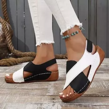 Fashion Summer Outdoor Peep Toe Middle Heel PU Women s Slippers Shoes for Women 2024 Fashion Versatile Style Concise Casual Slippers 36 черный белый