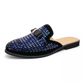 Fashion Summer Rhinestone Half Slippers Loafer Men s Shoes Mules Party Trendy Shoes Man Male Leather Casual Moccasins Shoes for Men 38 серебряный