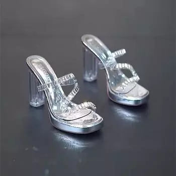 Fashion Summer Sandals 2024 Summer New Transparent PVC rhinestone Fashion High Sandals Outside Wear Sexy Party Square Head High Heels 34 покинуть белый