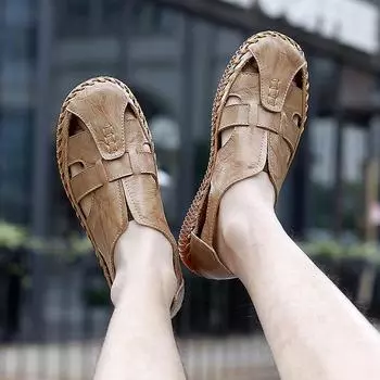 Fashion Summer Split Leather Men Sandals Outdoor Slides Handmade Men Slippers Breathable Beach Sandal Men s Leisure Shoes Zapatos Hombre 38 коричневый