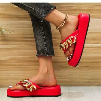 fashion Summer Women s Slippers Outdoor Beach Platform Flip Flops Metal Decoration Low Heel Shoes for Women Round Toe Open Toe Slides 35 чёрный