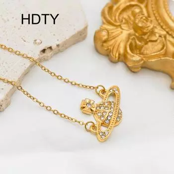 Fashion temperament model, planet inlaid zircon pendant necklace, 18k gold titanium steel light luxury collarbone chain necklace. золотой