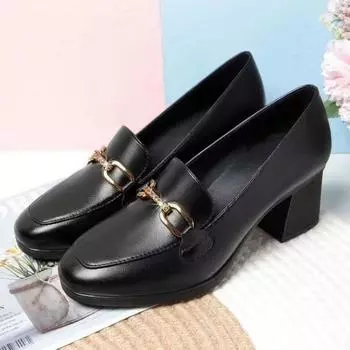 Fashion thick heel pointed mother shoes new one-pedal shallow mouth leather shoes patent leather middle heel fashion shoes 35