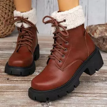 Fashion Thick Lace Up Ankle Boots for Women Retro Non Slip Autumn Round Toe Boots Woman Platform Short Booties Botas De Mujer2025 35 чёрный