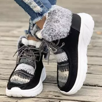 fashion Thick Plush Warm Winter Shoes for Women 2024 Fashion Lace Up Faux Fur Ankle Boots Woman Mix Color Platform Snow Boots Plus Size 36 бежевый