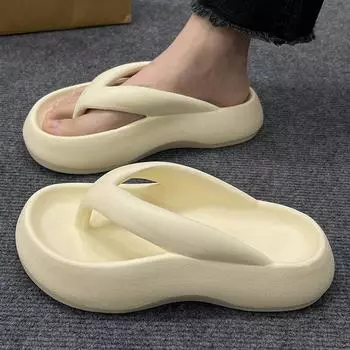 fashion Thick Soled Flip-flops 2024 New Summer Women s Sense of Stepping on Shit In Summer Increases, Wearing Simple Beach Sandals Women 36-37(Fit 22.5-23cm) бежевый