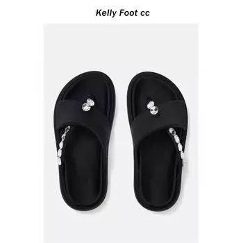 fashion Thick-soled Sandals Women s Summer New Rhinestone Clip-toe Flat Beach Slippers Wearable and Versatile Women s Sandals 35
