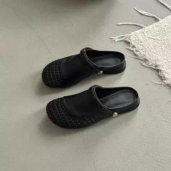 Fashion versatile hollow woven bag head half slippers women s summer retro two wear splicing wedge heel cool slippers shoes 35