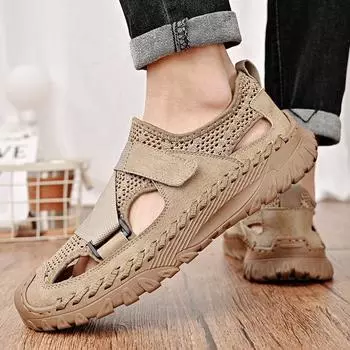 Fashion Versatile New Casual Men Soft Sandals Comfortable Summer Leather Sandals Men Roman Soft Sole Outdoor Beach Sandals Walking Shoes 38 бежевый