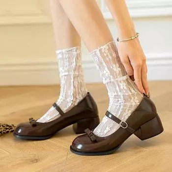 Fashion Versatile Women s Preppy Style Small Leather Shoes Bow Spring/autumn Brown Low-cut Thick-heeled Single Shoes 35 чёрный