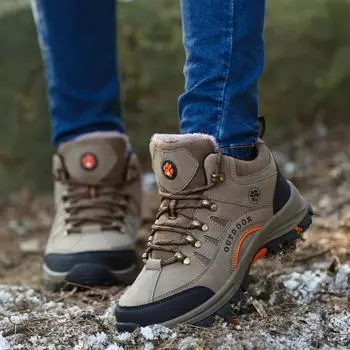 Fashion Winter explosive fashion mid-top hot boots outdoor men s training wool warm snow boots fashion climbing hiking boots 2024 36 чёрный