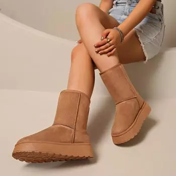 Fashion Winter Mid-calf Boots for Women Faux Suede Fluffy Plush Brown Ladies Slip on Snow Boots Plus Size Woman Thick Platform Warm Boot 36 коричневый