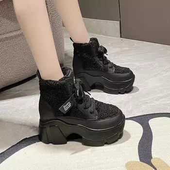 Fashion Winter New Height Increasing Sport Shoes Womens Platform Sneakers Plush Warm Comfor Lace-up High Top Casual Cotton Shoe Boots 35 чёрный