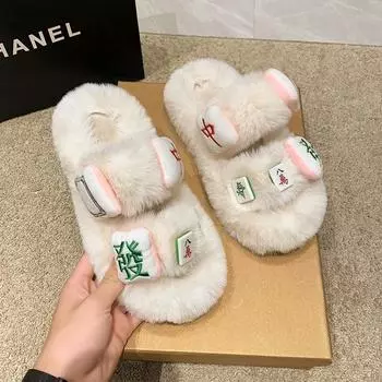 Fashion Winter New Thick Sole Fluffy Slippers Women Fashion Round Head Open Toe Suede Comfortable Medium Heel Cotton Slipper 35 хаки