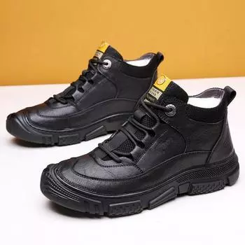 Fashion Winter Plush Boots Men s Casual Leather Biker Boot High Top Popular Trendy All-match Street Fashion Waterproof Anti-wear Shoe 38 чёрный