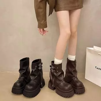 мода Зимние короткие плюшевые женские ботильоны Модные короткие ботильоны Slip On Knight женские повседневные туфли на платформе на каблуках Botas Mujer 35 коричневый