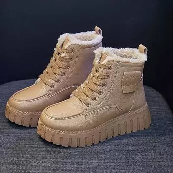 Fashion Winter Women s Keep Warm Short Plush Cotton Shoes Fashion Lace Up Platform Shoes for Women Casual Ankle Boots High Top Sneakes 35 хаки