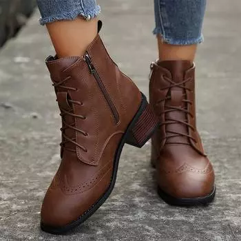 Fashion Women Ankle Boots Mid Heels Shoes Winter New Leather Shoes Women 2024 Trend Snow Boots Walking Shoes Pumps Cozy Mujer Zapatos 35 чёрный