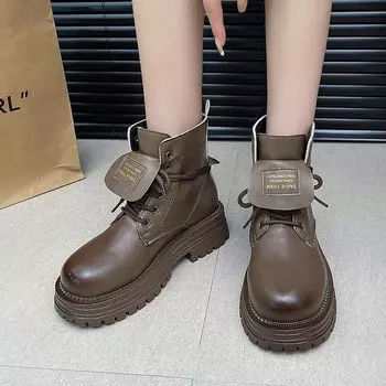Fashion Women Ankle Boots Waterproof Platform Lace Up Thick Heel Short Boots Fashion Punk Leather Motorcycle Boot 2025 35 коричневый