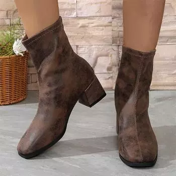 fashion Women Ankle Chelsea Boots Mid Heels Chunky Shoes Winter Designer Square Toe Shoes 2024 Walking Shoes Pumps Fashion Mujer Zapatos 35 бежевый
