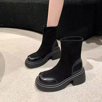 fashion Women Boots Fashion Autumn Winter New Round Head 2024 High Quality Solid Color Trend Mid-Calf Chunky Round Head Women s Boots 35 чёрный