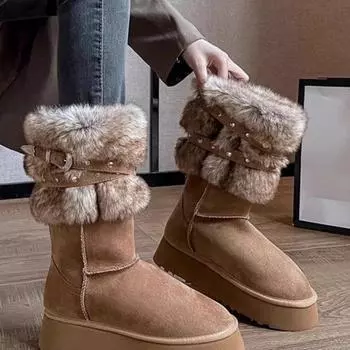 Fashion Women Boots Winter Keep Warm Quality Mid-Calf Snow Boots Ladies Lace-up Comfort Slip-resistant Shoes Booties Chaussures Femme 35 малиновый