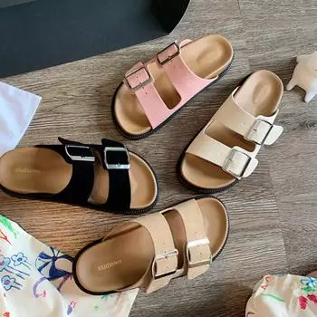 Fashion Women Flats Platform Slippers Beach Sandals 2024 Summer Fashion Dress Flip Flops New Outdoor Thick Soles Double Buckle Slides 36 чёрный
