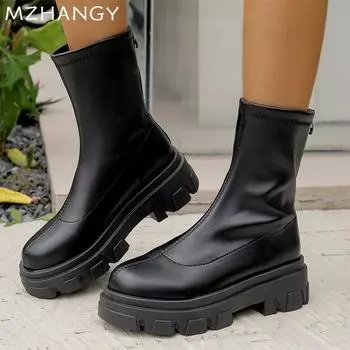 Fashion Women Leather Snow Boots Platform Flats Shoes Woman 2025 Trend Fashion Winter Warm New Dress Ankle Motorcycle Boots Mujer Botas 36 чёрный