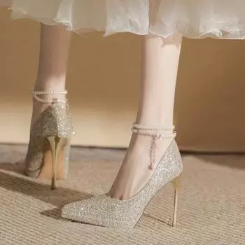 fashion Women New Wedding Crystal Sequins Pumps Women Party Wedding Bling Glitter High Heels Shoes Ladies High Heels Pearl Chains Shoes 34 золотой