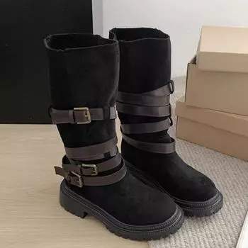 модные женские сапоги на платформе до колена замшевые туфли на плоской подошве зимние брендовые дизайнерские 2025 новые повседневные модные ботинки челси зимние ботинки женские 35 чёрный